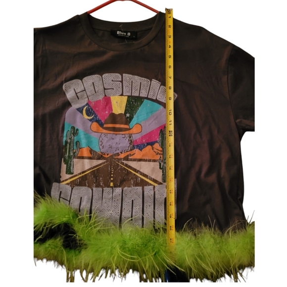 Blue B. Collection Cosmic Cowgirl Feather Boa Hem Gray Lime Green Tee Size Large - Picture 4 of 9